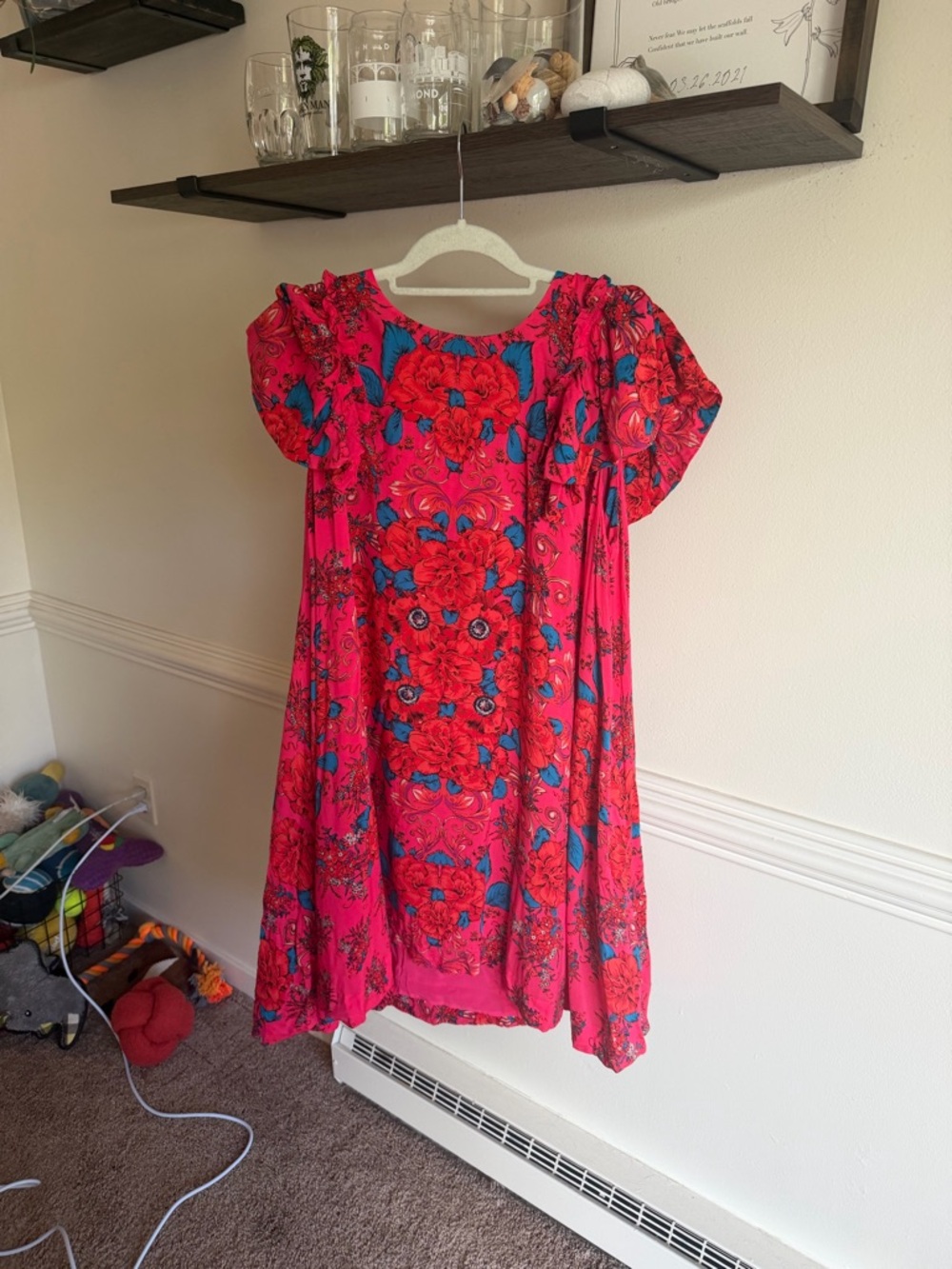 Free People Hot Pink Floral Swing Dress with Blue Accents